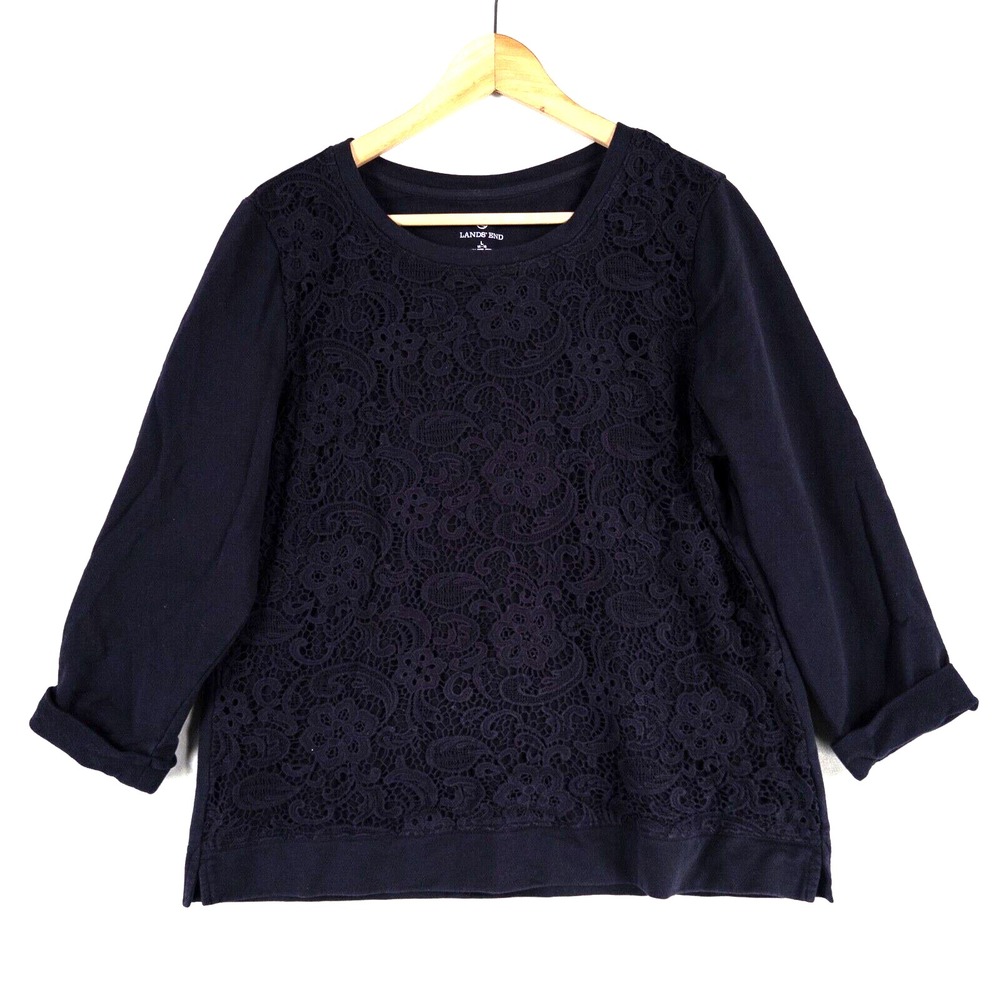 Lands' End Sweatshirt Womens Sz Large Navy Blue Cotton Lightweight Lace Front